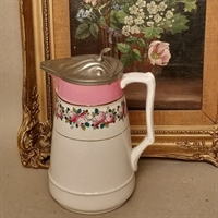 vinkande porcelæn rosa bred stribe blomster metallåg antik kande
